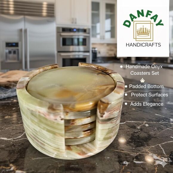 Onyx Coaster Set with Holder | Natural Stone Coasters | Marble Drink Coasters - Picture 12 of 12